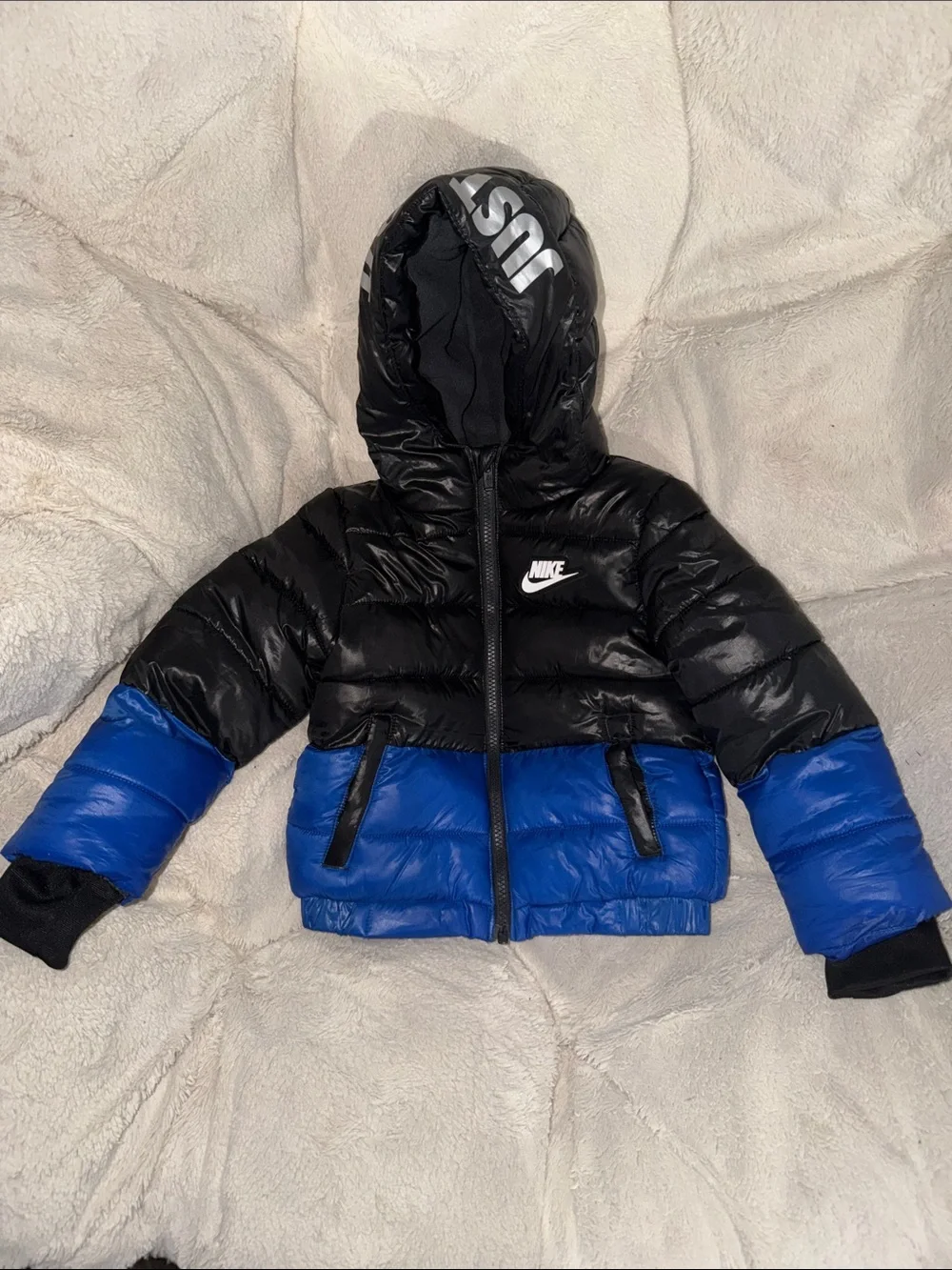 Nike Black and Royal Blue Kids Puffer Jacket with Hood